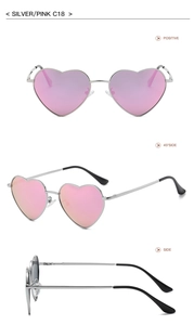 Three-angle views of silver metal heart sunglasses with pink mirror lenses C18