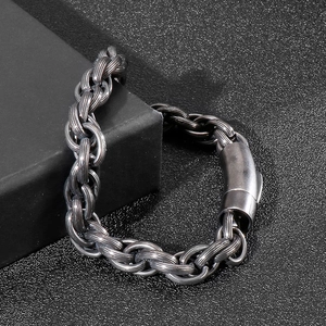 Detailed view of punk style gunmetal chain link bracelet with textured finish and clasp