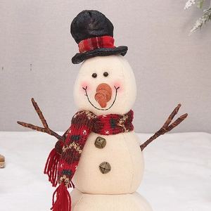 Linen Christmas snowman figurine with black hat and red plaid scarf for festive decoration