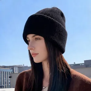 Women's warm black rabbit fur knit beanie with double layer thick thermal ear protection