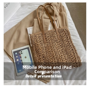 Detail view of woven tote bag showing size capacity compared to a tablet and phone
