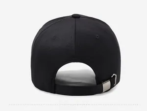 Detailed back view of black baseball cap featuring an adjustable silver metal buckle