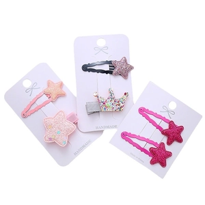 Glittery star and crown hair clips for girls set on card, pink sequins snap bb clips