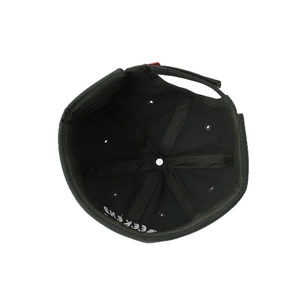 Black cotton brimless Docker cap for boys with white WEEKEND embroidery and red strap