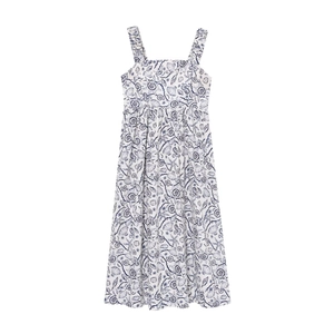 Floral A-line midi dress with blue marine prints and square neck in white cotton fabric