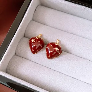 Strawberry Stud Earrings With Silver Earring Post 18K Gold Plated Copper Zircon Enamel Fruit Jewelry For Women Girls