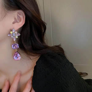 Vintage purple crystal flower drop earrings with elegant long tassel design for women