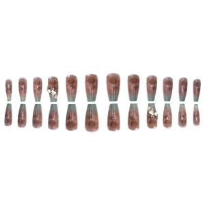 Franse stijl bruin marmer en groen verloop kunstnagels met strass-steentjes set van 24