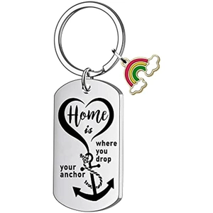 Silver stainless steel keychain with rainbow charm and engraved anchor quote