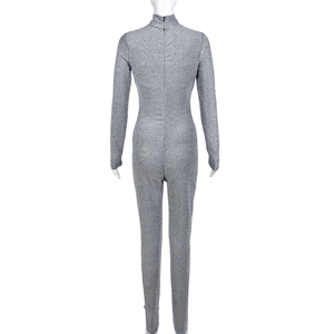 Rear view of silver glitter bodysuit featuring a high neck and hidden back zipper detail