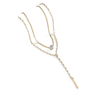 Layered gold Y-necklace featuring a water drop gemstone pendant and sleek vertical bar charm