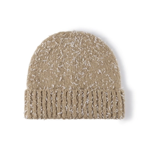 Thick beige winter knit beanie for women with white feather texture and folded cuff