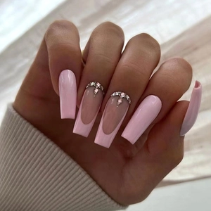 Long Coffin French Pink Press On Nails With Sparkling Rhinestone Elegant Sweet Ballet Style Glossy False Nails For Women Daily Party Manicure