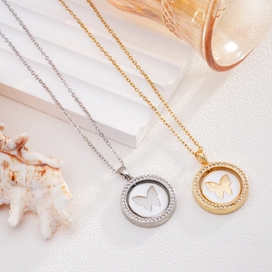 Collana Con Ciondolo A Farfalla Ruotabile Disco Tondo Acciaio Inossidabile Micro Intarsiato Zircone Madreperla Stile Ins Gioielli Donna