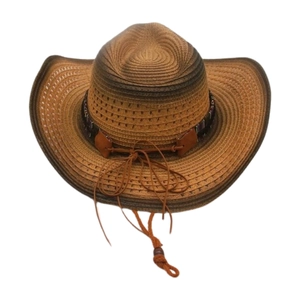 Detailed top view of dark brown woven cowboy straw hat with ethnic band and leather chin cord