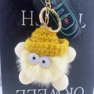 Cute yellow mink fur keychain plush monster with knitted hat for handbag decoration