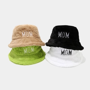 Winter plush bucket hats with MOM embroidery in khaki, green, black and off-white colors
