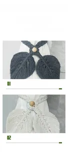 Detail of hand-woven leaf-shaped cotton curtain tiebacks with a decorative wooden bead