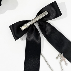 Dual-use gothic bow hair clip with silver chain, cross pendant and metal pin back