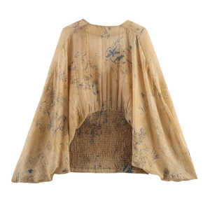 Light yellow floral print V-neck slim top with elastic waist and sheer chiffon sleeves