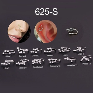 Detailed catalog of silver zodiac non-piercing nose rings with zircon inlays