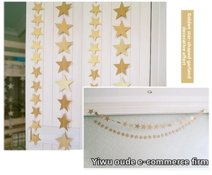Detail of metallic gold star garland hanging on white door for party decoration