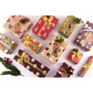 Christmas gift wrapping paper with diverse festive patterns and decorated gift boxes