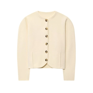 Chic cream white knitted cardigan with button closure and matching mini skirt set