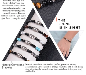 Detailed collage of men's tiger eye and obsidian beaded bracelets with silver OT clasp