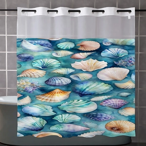 Detailed close-up of shell pattern on high-quality waterproof beach theme shower curtain