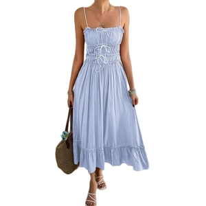 Blue A-line spaghetti strap dress with ruffled hem and pleated high waist design