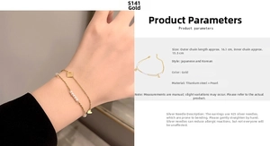 Detailed view of gold titanium steel double layer bracelet with pearls and pendants