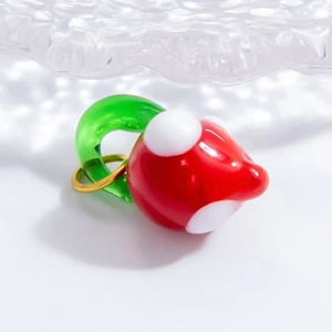 Handmade mushroom glass pendant with red white dots and gold ring for DIY jewelry making
