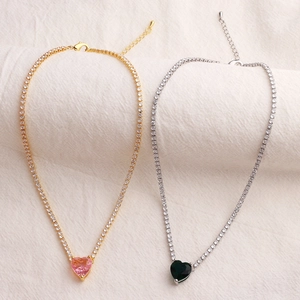 Elegant gold and silver tennis necklaces with pink and green heart crystal pendants