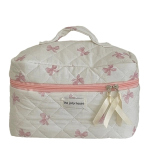 Quilted ribbon bow makeup bag with portable handle and pink zipper for students