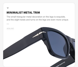 Detailed macro view of minimalist metal trim and size parameters on the sunglass arm