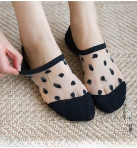 Detailed view of elastic heel on black polka dot mesh no-show socks for women