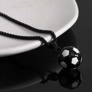 Retro stainless steel football pendant necklace with black beaded chain for soccer fans