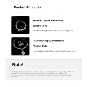 Detailed specifications of drop pendant necklace and bracelet set with copper and rhinestones