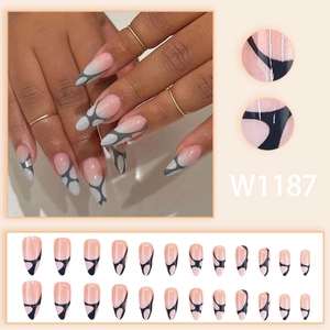 Chic almond press-on nails with minimalist abstract swirl patterns on nude base set