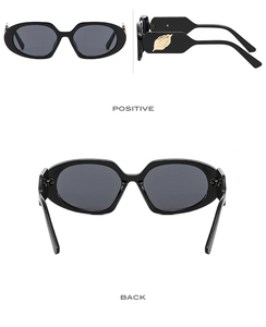 Detailed views of black oval sunglasses featuring golden leaf metal decor on temples