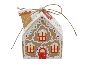 Close-up of gingerbread house Christmas treat box with number five tag and twine ribbon