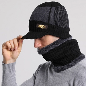 Detailed view of thick knit winter hat with warm plush lining and matching neck warmer