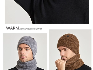 Close-up of thick knit texture and side button detail on winter beanie and scarf set