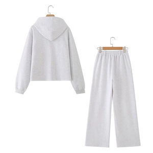Women light grey hooded sweatshirt and wide-leg trousers two-piece cotton lounge set