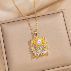 Vintage French baroque enamel sunflower necklace with a white freshwater pearl pendant