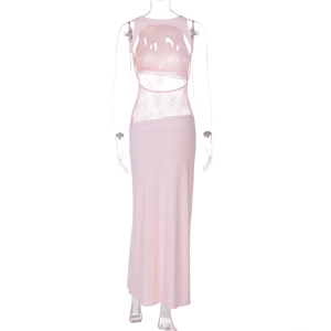 Detailed close-up of pink lace stitching and cutout design on the long sleeveless dress