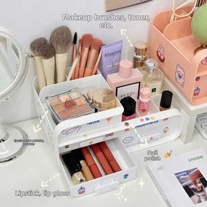 Detail of white desktop organizer with multi-compartment design and mini drawers