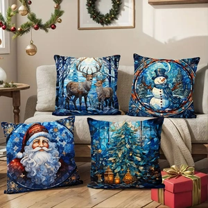 Blue Christmas pillowcases with stained glass style snowman and reindeer prints set of 4