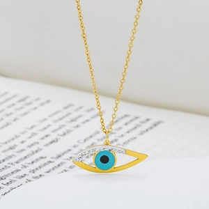 Titanium steel evil eye necklace with blue enamel and crystal pendant on book
